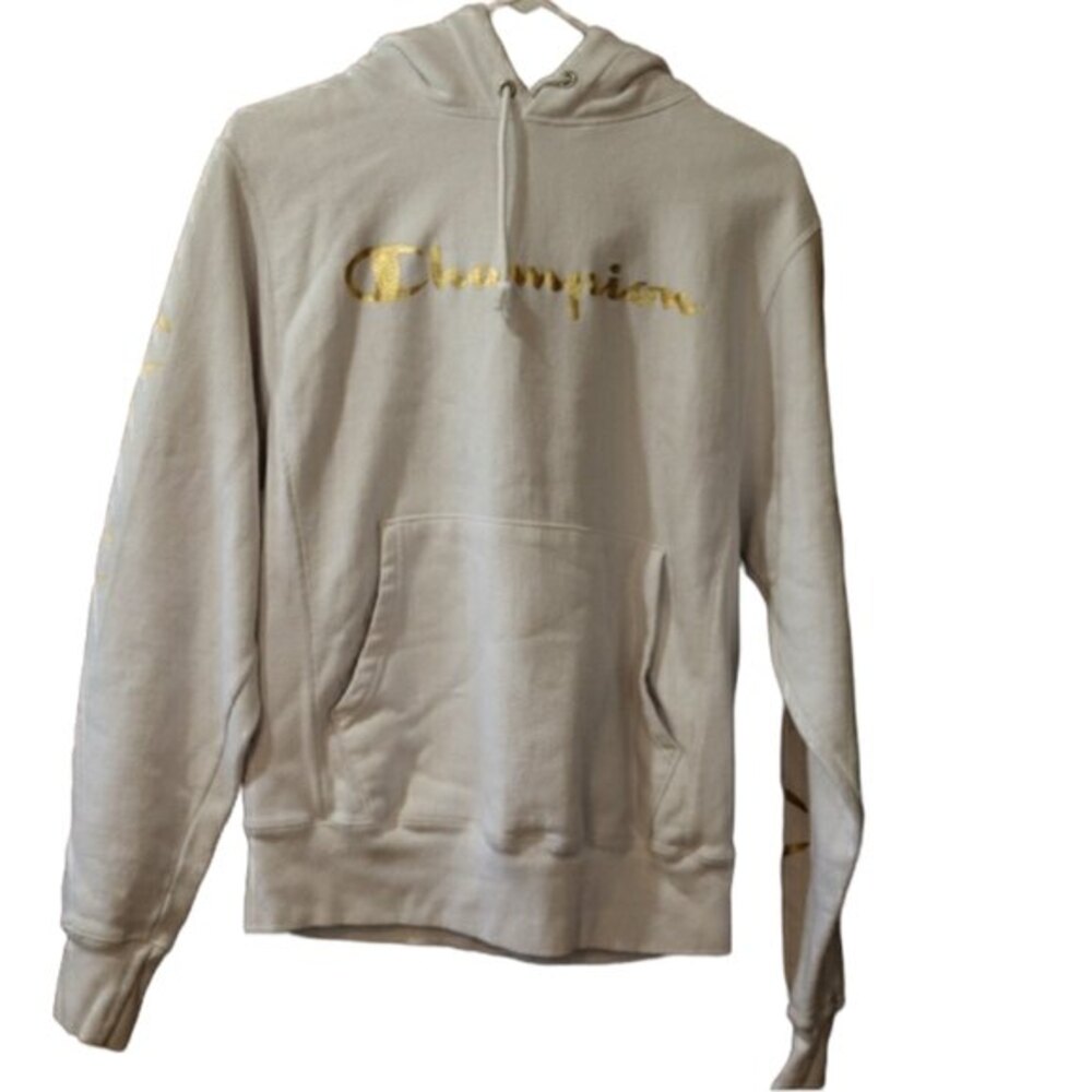 Champion Reverse Weave White & Gold Spellout Hoodie Small